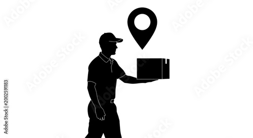 Professional delivery worker holding location pin and parcel for logistics and shipping concept