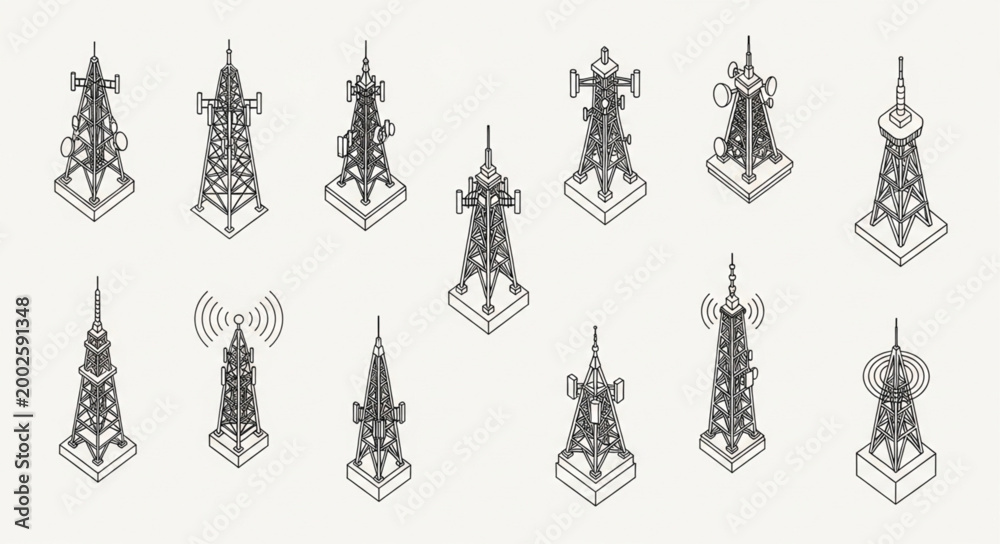 Fototapeta premium Collection of Cell Towers and Communication Antennas Isolated on White Background.