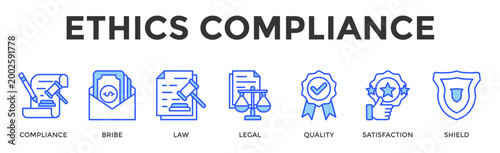 Ethics Compliance  Banner Web  Icon Set Collection Pack Vector Illustration Concept Containing Compliance, Bribe, Law, Legal, Quality, Satisfaction, Shield