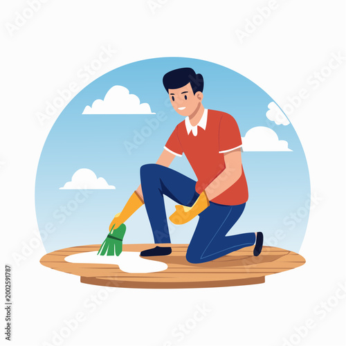 Man Cleaning Deck with Brush and Gloves