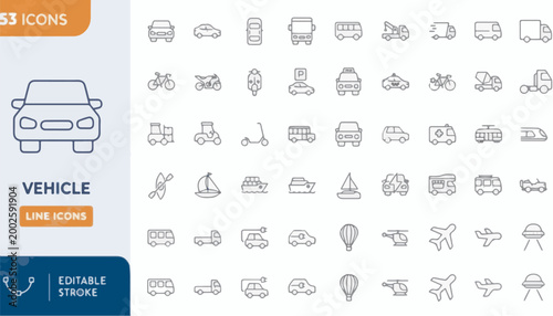 Bild auf Leinwand Collection of clean line art vehicle icons with editable stroke for graphic desi