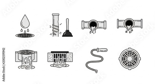 Plumbing and Drainage System Icons Set.