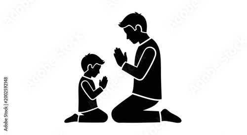 Father and son praying together on knees icon.
