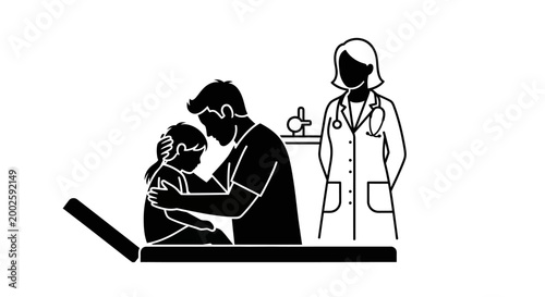 Father comforting his sick child during a medical examination at the doctor office.