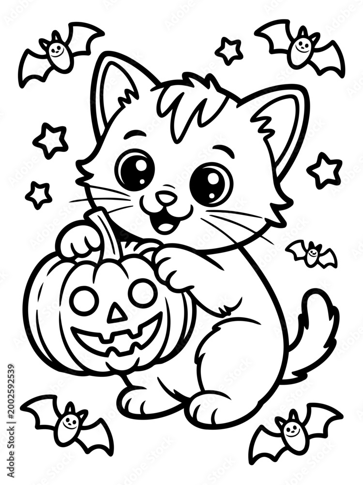 Fototapeta premium Halloween Cat with Pumpkin: A charming cartoon cat, holding a carved pumpkin, is surrounded by playful bats and stars, evoking the spirit of Halloween.