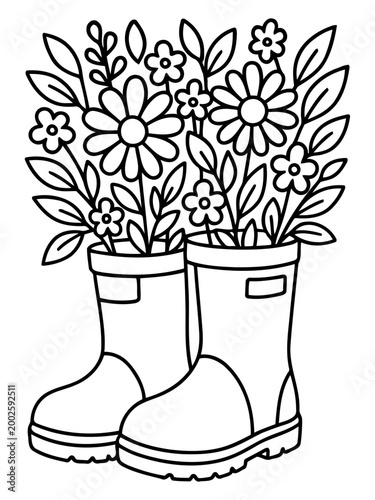 Floral Wellies: charming illustration featuring boots blossoming with flowers and leaves, a sweet springtime composition perfect for a garden or nature themed design.