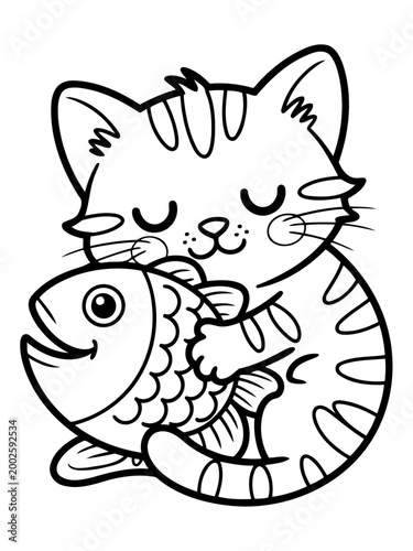 Cuddly Cat with Fish: A charming, outlined illustration portrays a contented cat lovingly embracing a fish, embodying innocence and affection. 