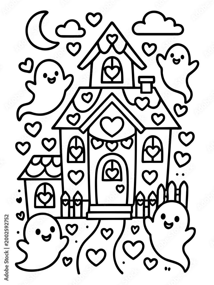 Naklejka premium Spooky House with Ghosts: A whimsical and enchanting scene unfolds with a charming house surrounded by cheerful ghosts, hearts, a crescent moon, and clouds.