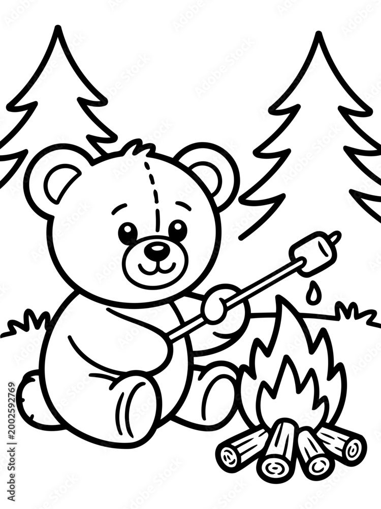 Fototapeta premium Teddy Bear Camping: A cute teddy bear enjoys a camping experience by a cozy bonfire. A sweet scene for kids with black and white style.
