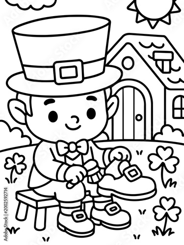 Leprechaun's Shoe Shine: A cheerful leprechaun, with his traditional hat and attire, meticulously polishes a shoe under the bright sun, showcasing the spirit of St.