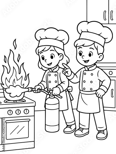 Culinary Crisis: Two young chefs navigate a kitchen emergency, one bravely tackling a fire with a fire extinguisher while the other provides guidance in a moment of crisis.
