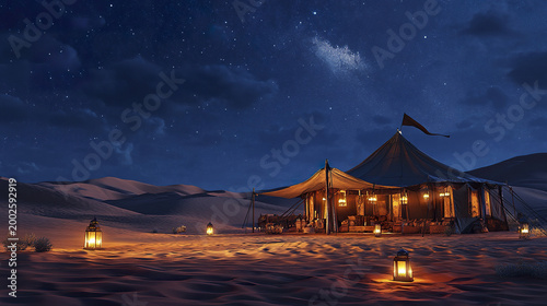 Glowing desert camp under starry night sky with large traditional tent illuminated by warm lantern light, surrounded by sand dunes and peaceful atmosphere