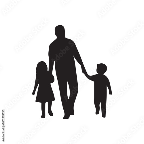 Father walking and holding hands with son and daughter silhouette vector. Happy family outdoors, fatherhood and parenting concept on white background.