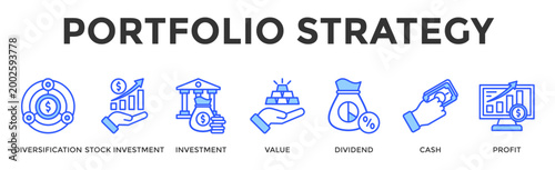 Portfolio Strategy  Banner Web  Icon Set Collection Pack Vector Illustration Concept Containing Diversification, Stock Investment, Investment, Value, Dividend, Cash, Profit