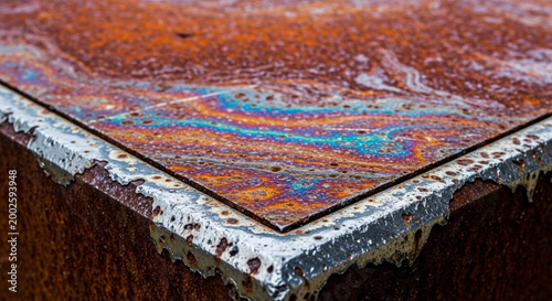Textured close-up of a rusty metal surface with an iridescent oil slick displaying vibrant colors and corrosion suitable for industrial backgrounds or environmental concepts