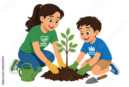 Quadro su tela Mother and son planting a tree together outdoors.