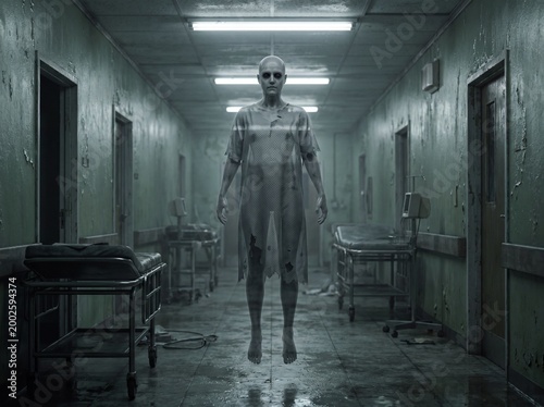 Eerie hospital corridor with a spectral figure a haunting and unsettling scene