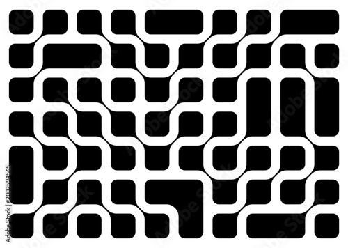 Connected black square shapes with round corners. Linked fluid quadrangular drops isolated on white background. Connected neurons, nano molecules or biological cells. Vector graphic illustration.