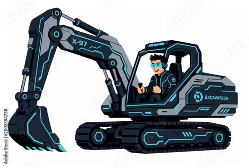 Toy excavator with driver inside.