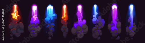 Rocket fire flame trails with smoke clouds of spaceship launch or startup, cartoon vector effects. Rocket fire trails or engine ignition of space shuttle or spacecraft missile with color neon lights