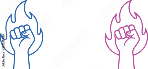 Raised fist in flame icon symbolizing power protest strength revolution activism energy bold outline vector illustration design concept