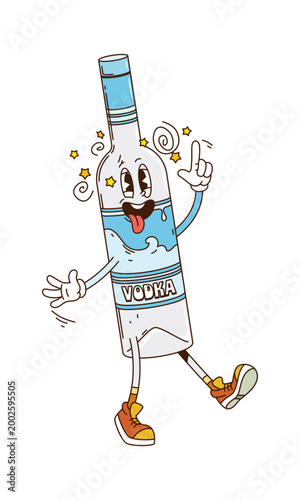 Cartoon groovy vodka bottle or alcohol drink vector funky character with tipsy funny face. Groovy vodka bottle character with boozy smile and silly drunk dizzy stars on head with crazy tongue out