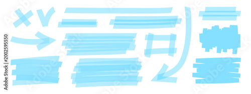 Set of blue marker underlines. Collection of various transparent highlights drawn by pen or brush for emphasis or important text selection isolated on white background. Vector realistic illustration.