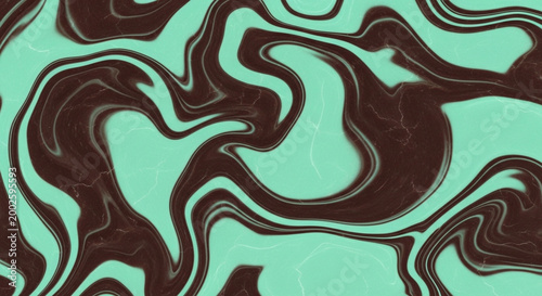Abstract swirling liquid marble texture in teal and brown fluid art background with organic flowing patterns for design and decoration