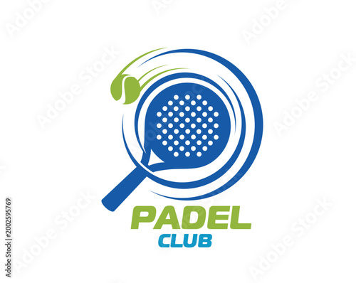 Padel tennis club icon, paddle sport. Blue padel racket and green ball symbol with Padel club lettering. Vector emblem for paddle courts, sports clubs, tennis academies or recreational centers