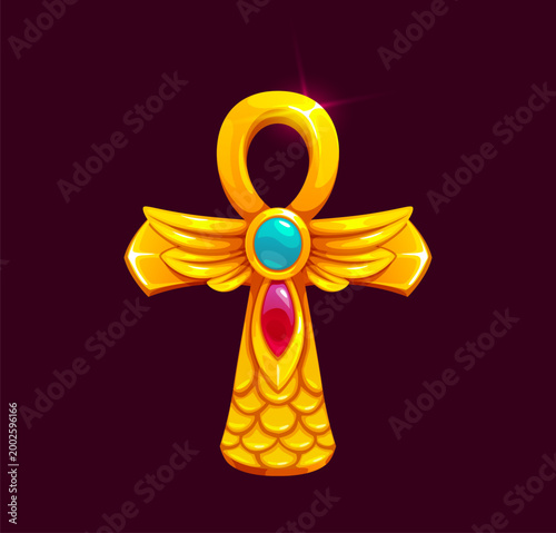 Ancient Egypt game icon of Ankh cross, jewelry pharaoh pyramid temple treasure, cartoon vector. Ankh sign or golden cross with gemstone jewels of Pharaoh jewelry treasure arcade game of Ancient Egypt