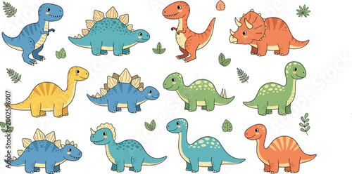 Adorable Baby Dinosaur Characters Collection with Cute Cartoon Triceratops, T-Rex, Stegosaurus and Brachiosaurus Surrounded by Tropical Leaves Vector Set