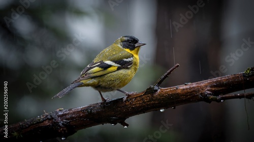 A vibrant yellow and black bird perches on a wet branch in the rain, showcasing detailed feathers and a blurred natural background.