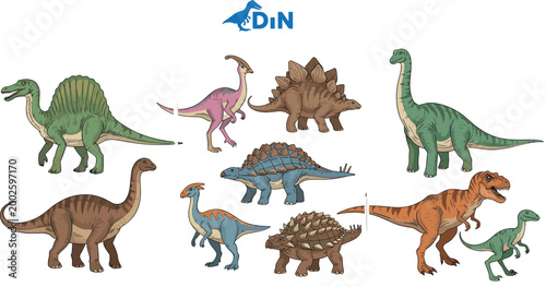 Detailed Hand Drawn Style Dinosaur Collection Set with Spinosaurus T-Rex Stegosaurus Brachiosaurus Ankylosaurus Vector Illustration