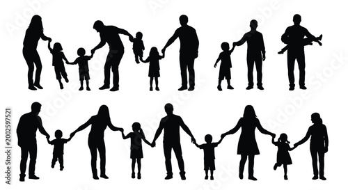 Collection of diverse family silhouette illustrations holding hands and playing together