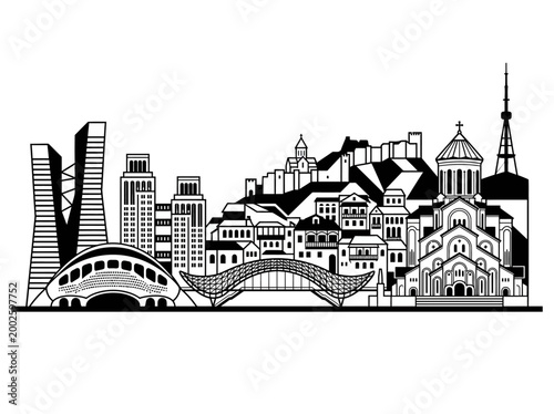 Tbilisi Georgia City Skyline Vector Illustration - Minimalist Black and White Cityscape featuring Holy Trinity Cathedral, Bridge of Peace, and Narikala Fortress
