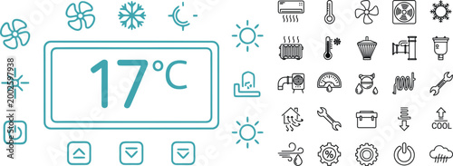 Set of air conditioning and climate control line icons with digital display