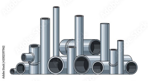 Metal pipes, industrial tubes, steel cylinders, plumbing materials, construction elements