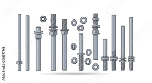 Industrial metal bolts, nuts, and screws set, steel hardware collection, mechanical fasteners