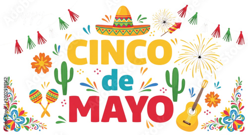 Cinco De Mayo Celebration Greeting Card Design With Sombrero Maracas Guitar And Fireworks For Festive Holiday Party Invitations
