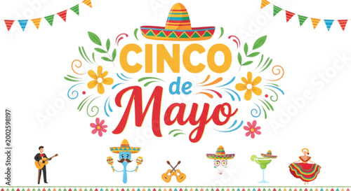 Cinco De Mayo Celebration Banner With Festive Sombrero Maracas And Guitar Graphics For Holiday Party Invitations And Social Media