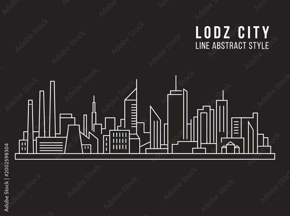 Fototapeta premium Lodz City Poland Skyline Illustration - Minimalist White Line Art on Black Background Abstract Urban Panorama