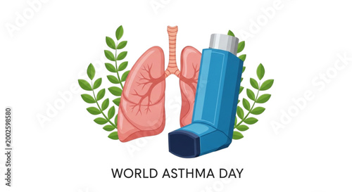 Human Lungs and Medical Inhaler Illustration for World Asthma Day Awareness Campaign and Respiratory Health Education Graphics