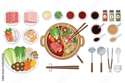 Hot Pot Feast: A mouthwatering, artistically presented hot pot feast unfolds, displaying a rich array of ingredients and accompaniments perfect for a communal dining experience.