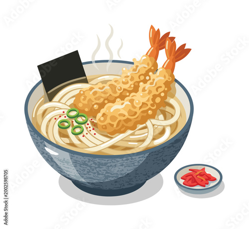 Udon with Tempura: An appetizing illustration showcasing a delicious bowl of udon noodles with crispy tempura and garnishes.