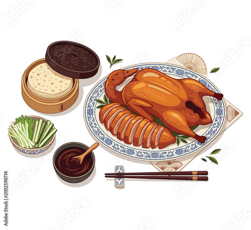 Peking Duck Culinary Display: A tantalizing culinary scene featuring the iconic Peking duck, meticulously arranged with traditional accompaniments.