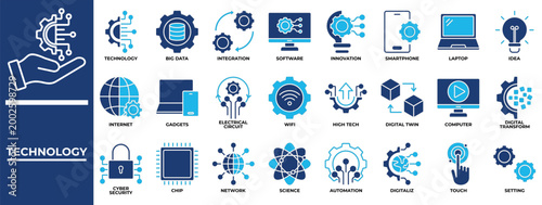 Technology icon set collection. Containing thought, operation, program, report, touch, plan, strategy .Solid vector icons collection