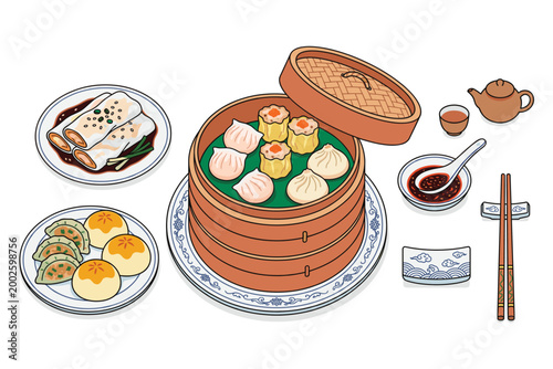 Exquisite Culinary Delight: An array of meticulously prepared traditional dumplings, rice rolls, and steamed buns, artfully presented alongside dipping sauces and tea.