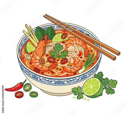 Savory Seafood Delight: An artful illustration of a vibrant bowl of enticing seafood soup, showcasing an array of fresh ingredients, including plump shrimp, aromatic herbs, and zesty lime.