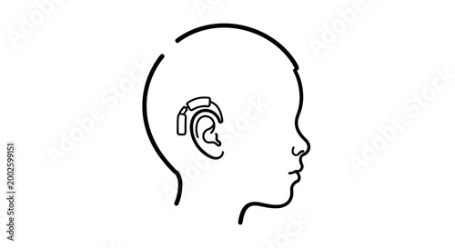 Minimalist outline illustration of a child wearing a hearing aid device.