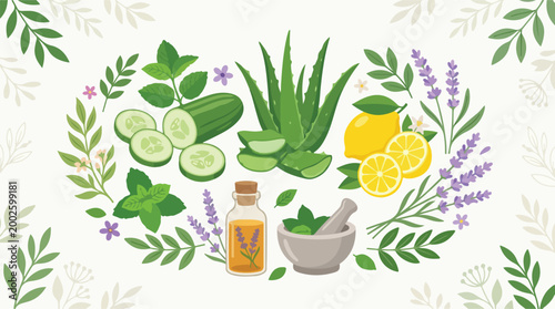 Natural Ingredients for Skincare and Wellness Aloe Vera, Cucumber, Lemon, Mint, and Lavender